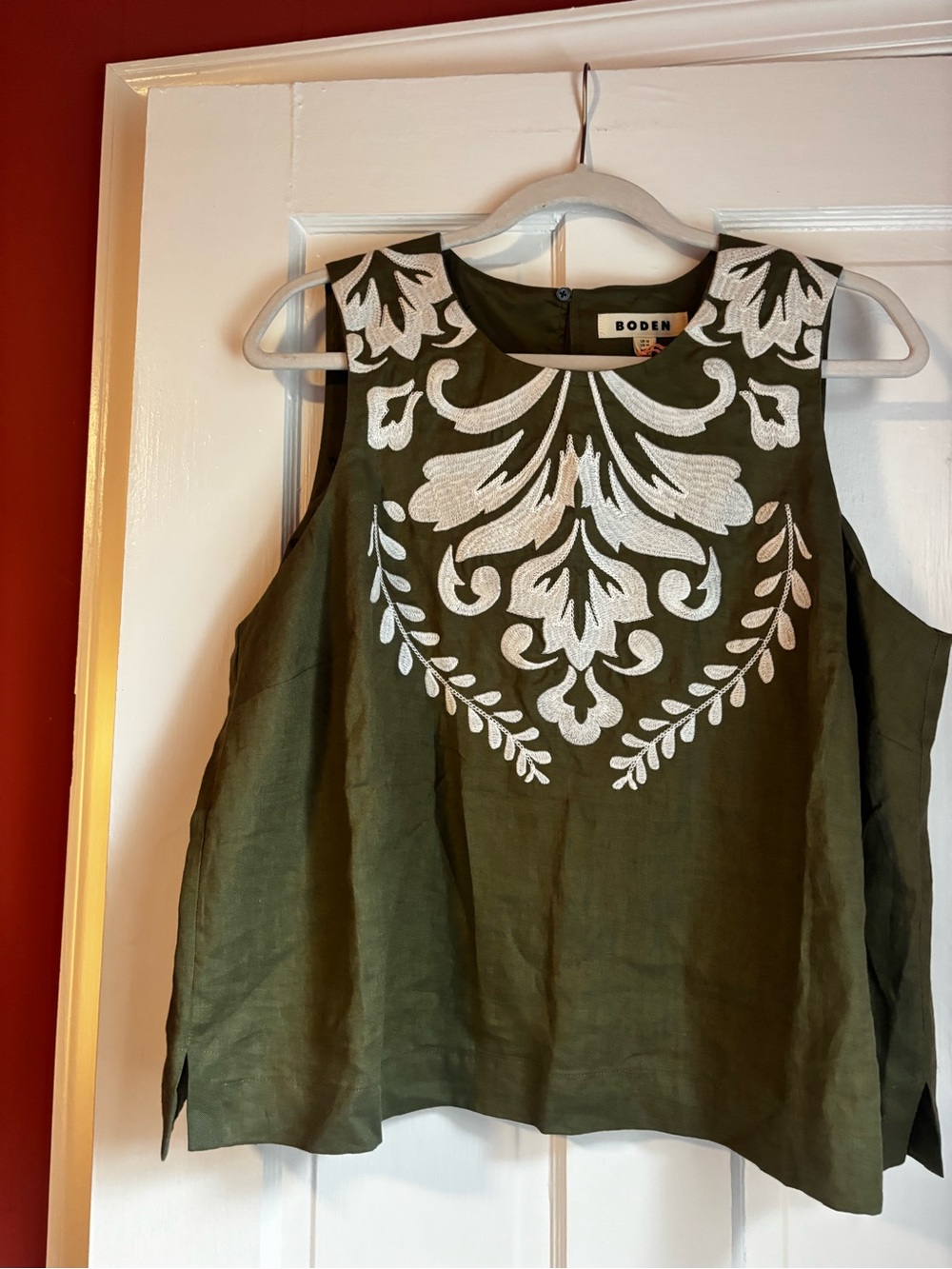 Boden Olive Green Linen Tank with White Embroidery